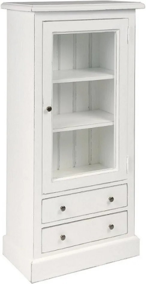Vitrină îngustă shabby chic din lemn de pin, alb, cu 1 ușă vitrată, 2 rafturi și 2 sertare, finisaj patinat, 120 x 60 x 33 cm, „Lison”