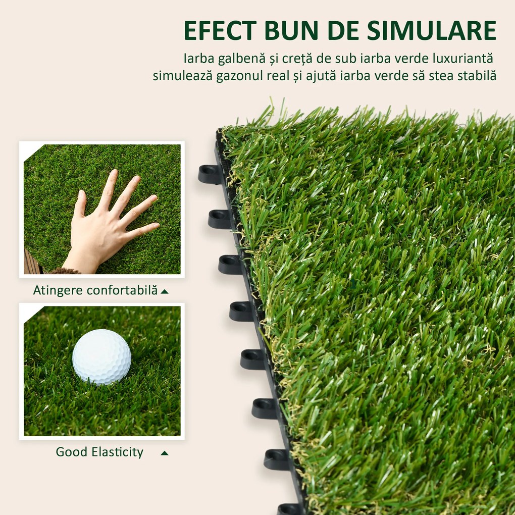 Outsunny Gazon Sintetic 10 Piese Covoraș Gazon Artificial 30x30 cm cu Înălțimea Firului de Iarbă 20 mm și Anti-UV Verde Închis | Aosom Romania