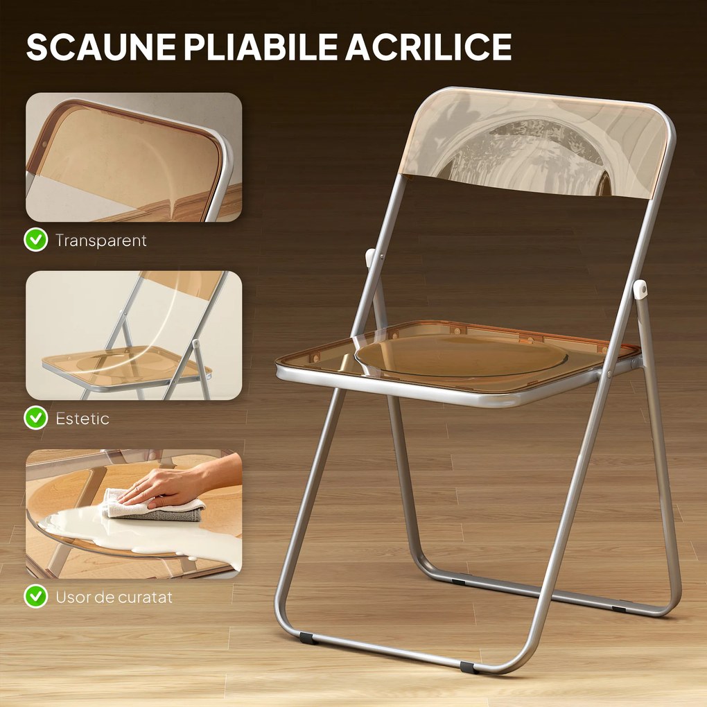 HOMCOM Set de 4 Scaune Pliabile din Acril, Scaune Pliabile Economisitoare de Spațiu din Oțel, Scaun Pliabil pentru Interior pentru Casă, Birou, Petreceri și Evenimente, 47x48x75 cm, Portocaliu | Aosom Romania