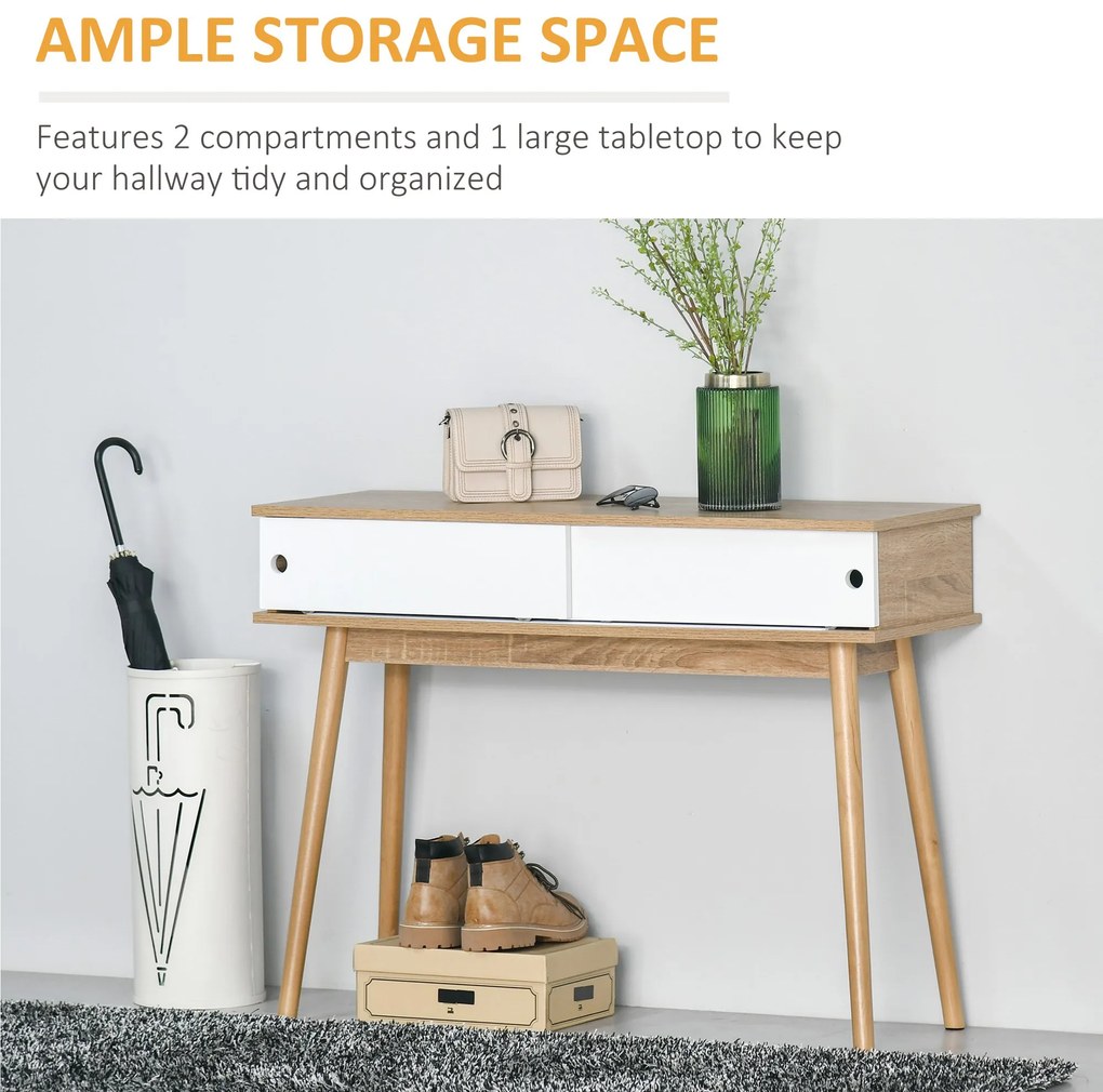 HOMCOM Masuta Consola de Hol si Sufragerie cu 2 Compartimente, din MDF si Picioare din Lemn de Pin, 100x35x75cm, Alb