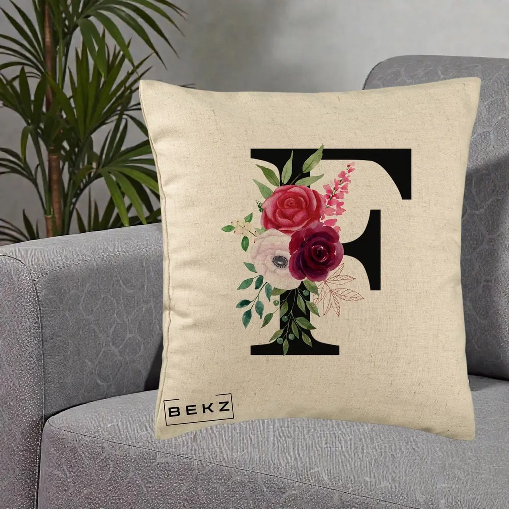 Cadou Personalizat - Perna Personalizata Monograma Florala Litera F, 40x40 cm, Bej, Husa Detasabila, Perna Inclusa, BEKZ®