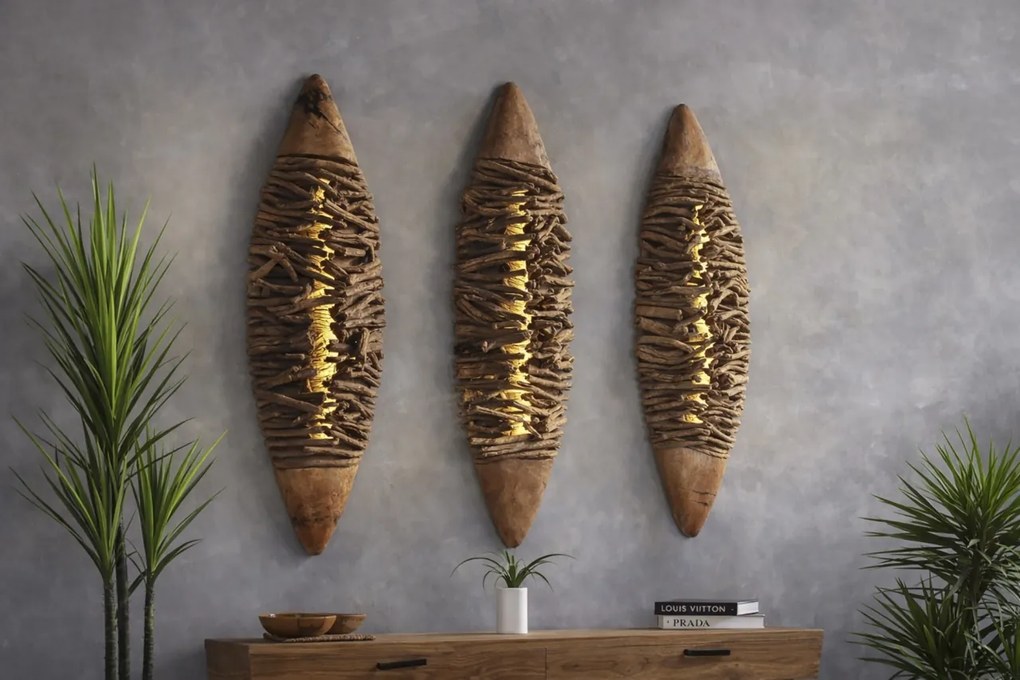 Aplică de perete din rădăcină de tec reciclat, maro, cu LED, finisaj natural, 140 x 49 x 10 cm, „Laon”