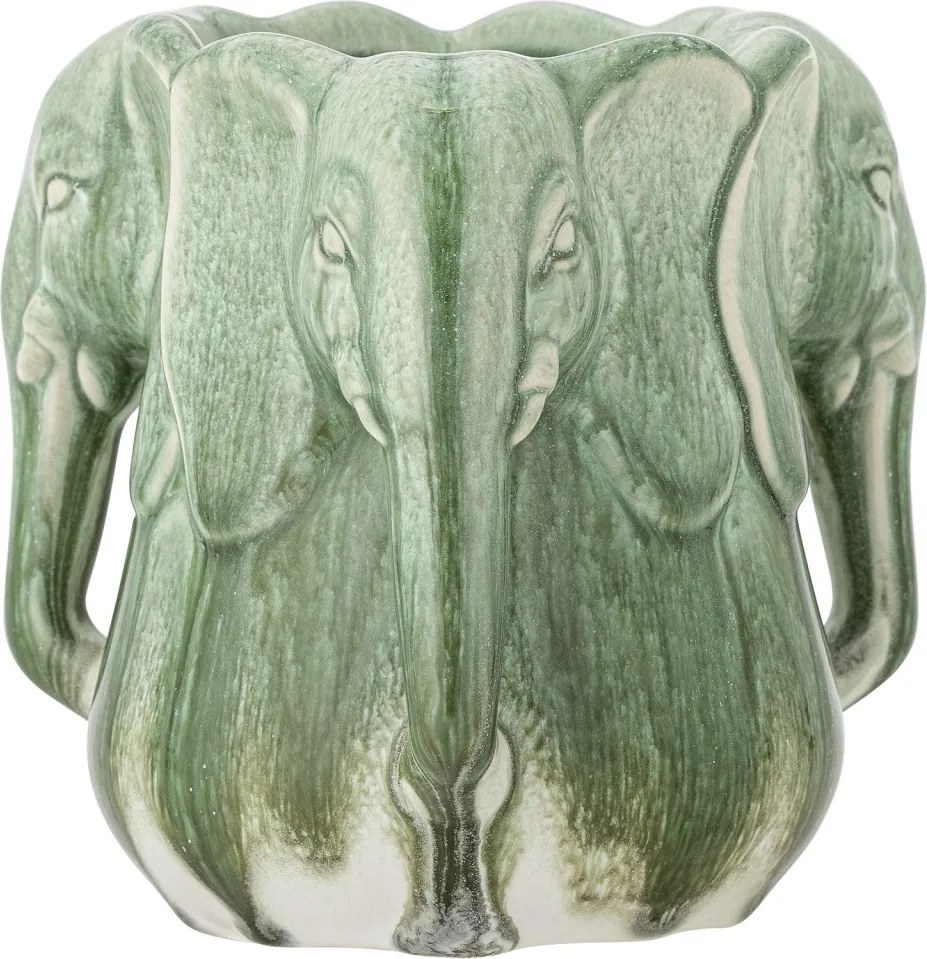 Vază din ceramică artizanală, verde, cu detalii sculpturale în formă de elefant, 15,5x15,5 cm, „Pontus"