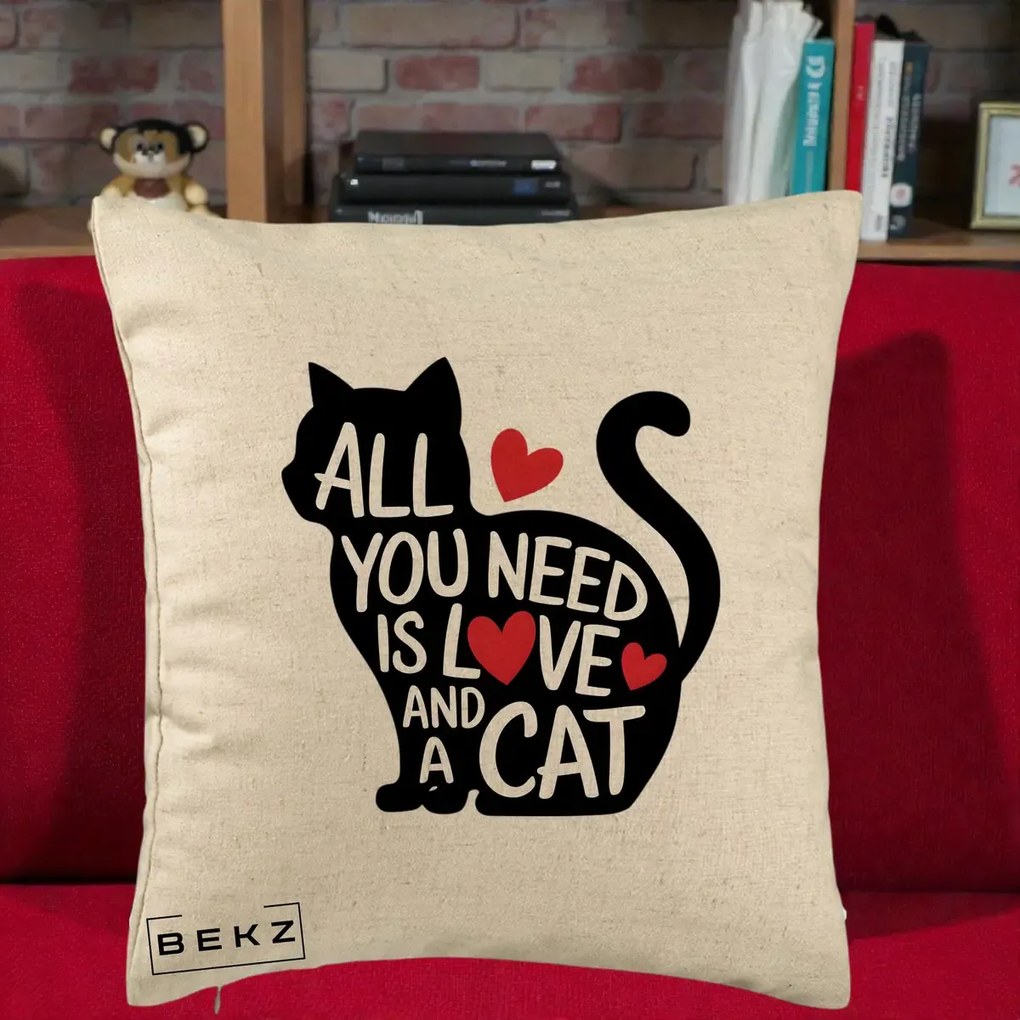 Perna Personalizata All You Need is Love and a Cat, 40x40 cm, Bej, Husa Detasabila, Perna Inclusa, BEKZ®