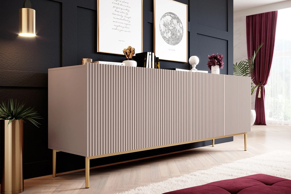 Comoda Nicole 200 cm - MDF roz antichizat / picioare aurii
