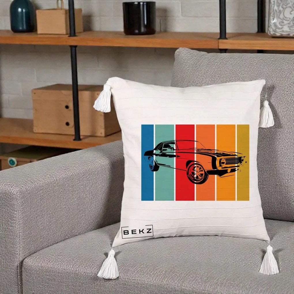 Perna Personalizata Masina Retro Muscle Car Grafic, 40x40 cm, Bej cu Franjuri, Husa Detasabila, Perna Inclusa, BEKZ®