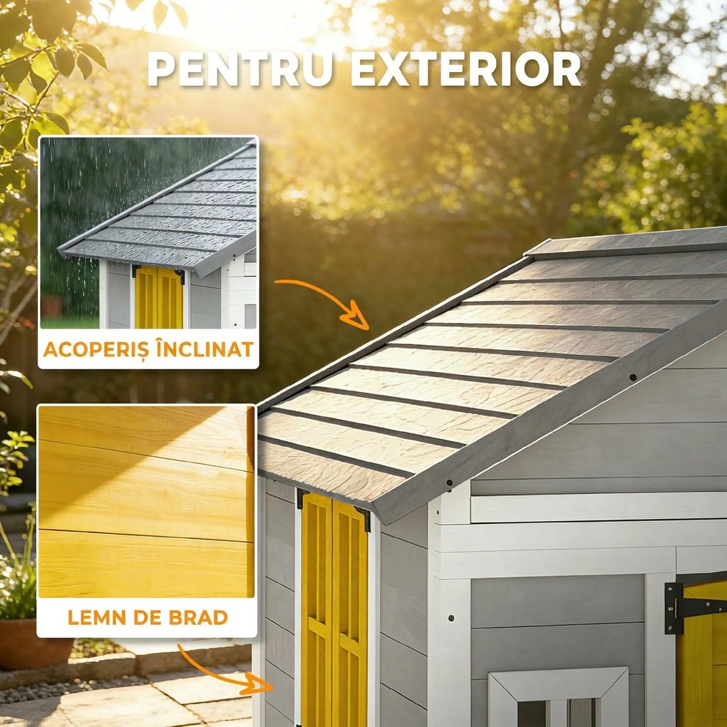 Outsunny Căsuță din Lemn pentru Copii 3-8 Ani, Căsuță de Grădină cu Ferestre, Acoperiș Înclinat, Ghivece și Jardiniere, Gri, Galben, Alb | Aosom Romania