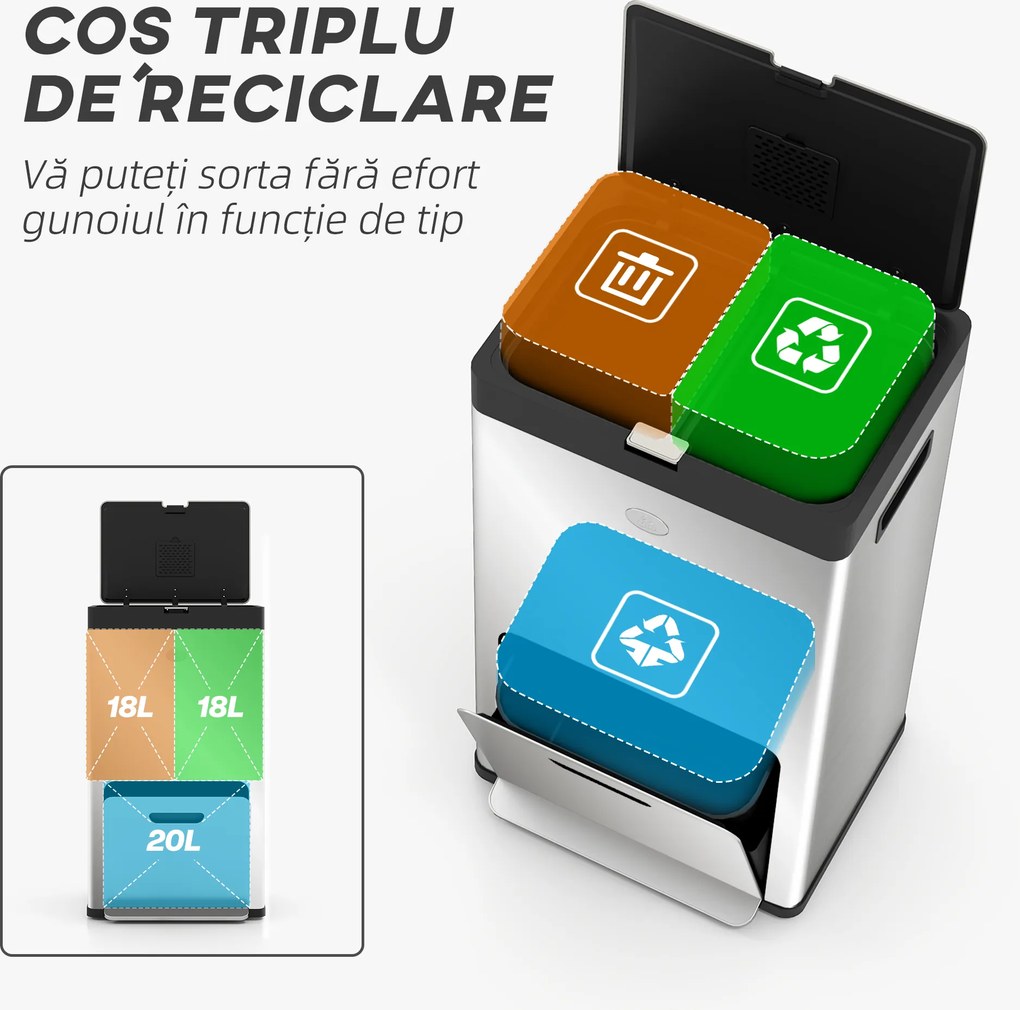 HOMCOM Coș de Gunoi cu 3 Compartimente de 56L, Pedală și Închidere Silențioasă, 45,7x35,8x76 cm, Argintiu | Aosom Romania