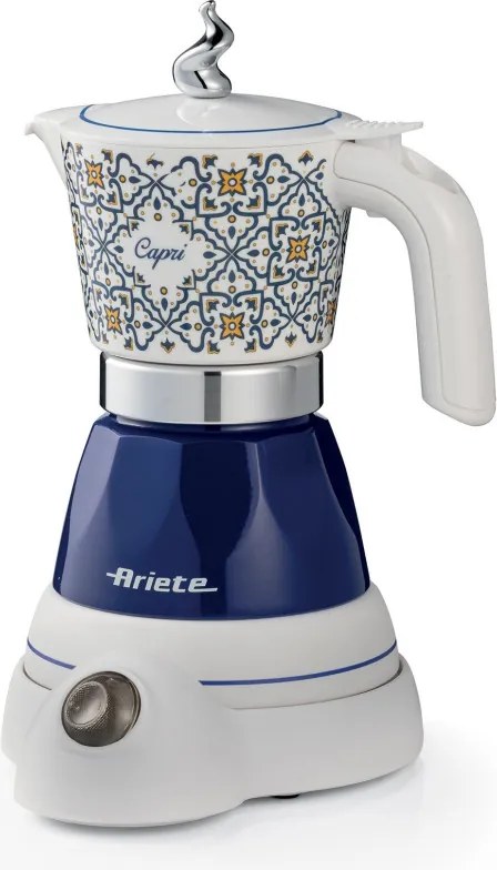 Cafetiera moka electrica Ariete Moka Vintage Capri 1358/1C, 400 W, 4 cesti, Bazа rotativa la 360°, Alb/Albastru