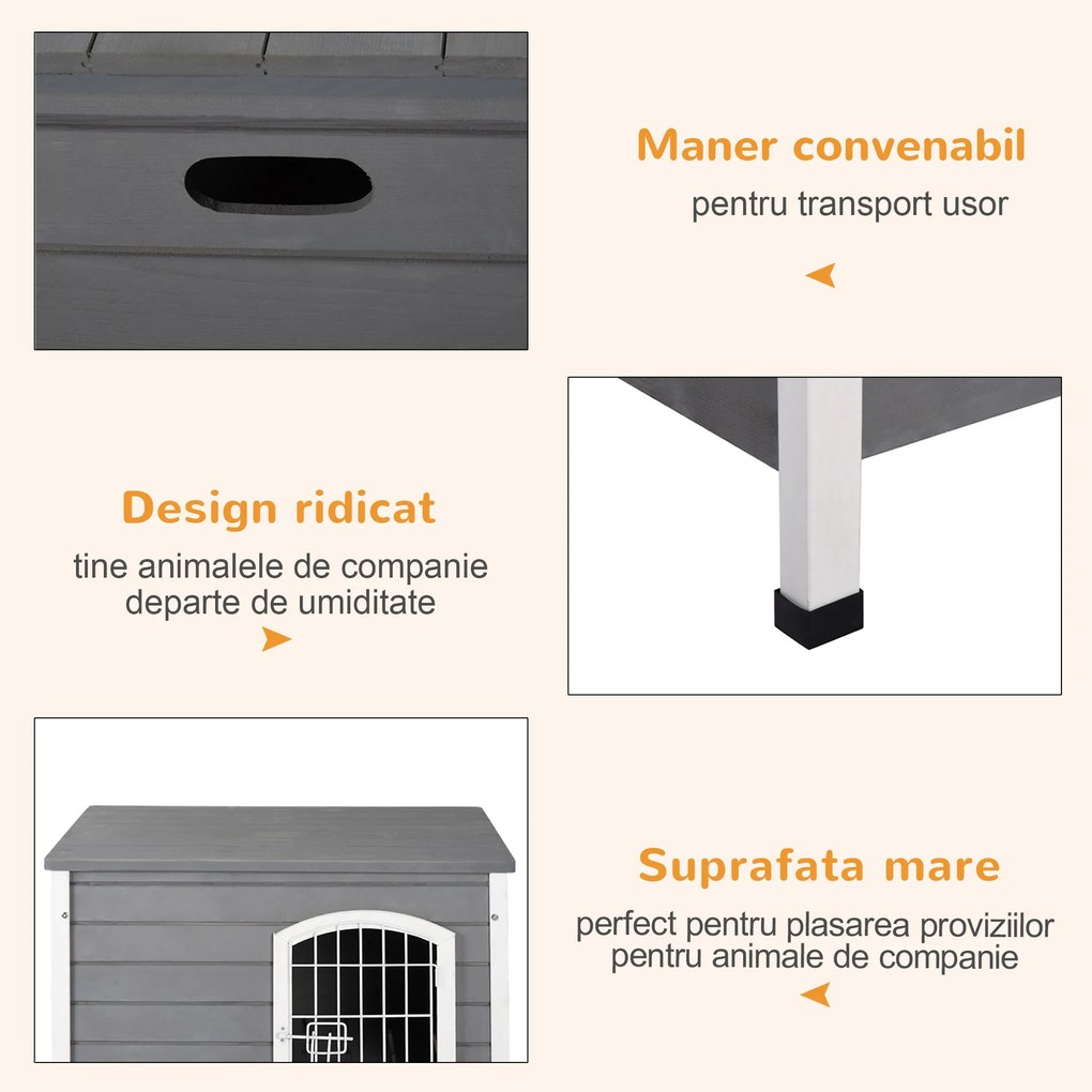 PawHut Cusca pentru Caini de Exterior, Casuta pentru Caini din Lemn, Impermeabila cu Usa cu Incuietoare, 80x55x53,5 cm, Gri | Aosom Romania