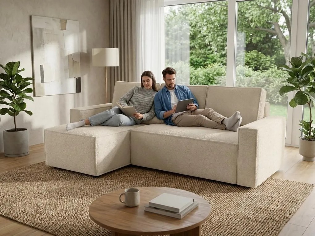 Canapea extensibila de colt SMART BOUCLE, crem, reversibila, 232x143 cm