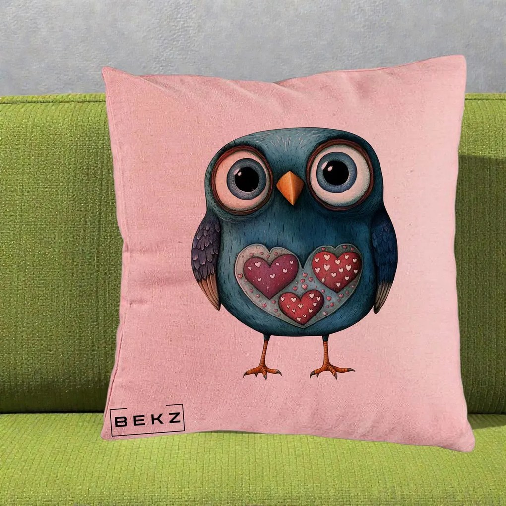 Perna Decorativa Bufnita Teal cu Doua Inimi, 40x40 cm, Roz, Husa Detasabila, Perna Inclusa, BEKZ®
