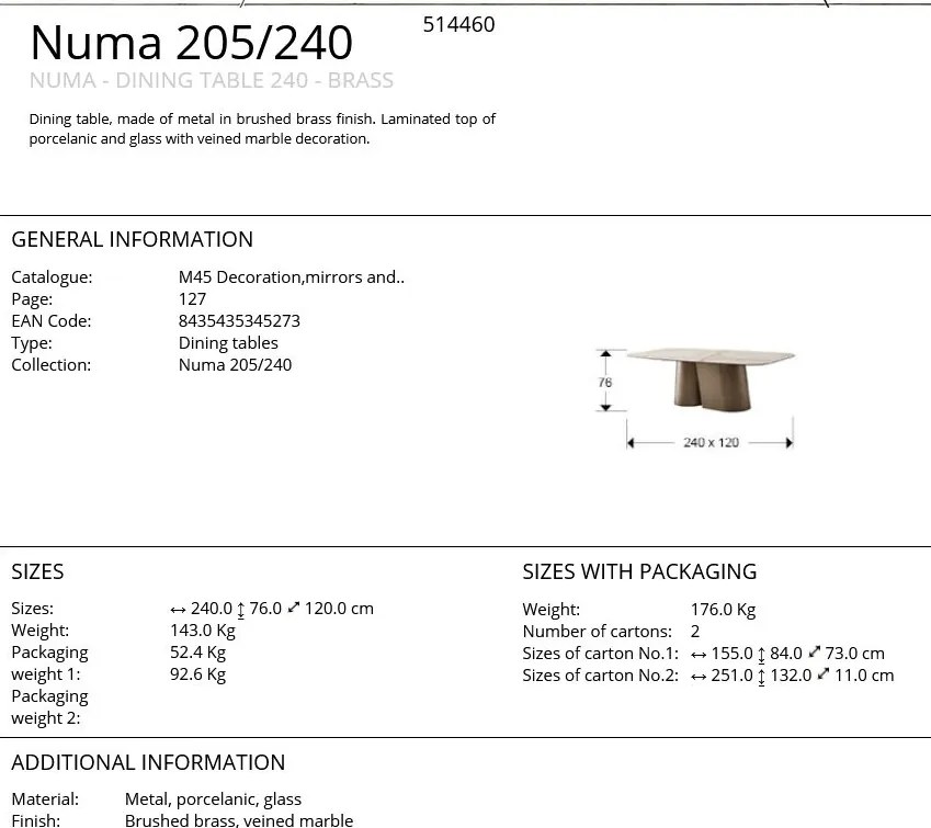 Masa dining design LUX Numa 240cm