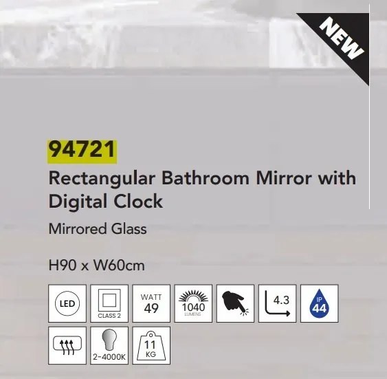 Oglinda baie cu iluminat LED, ceas digital si dezaburire Rectangle, 60x90cm