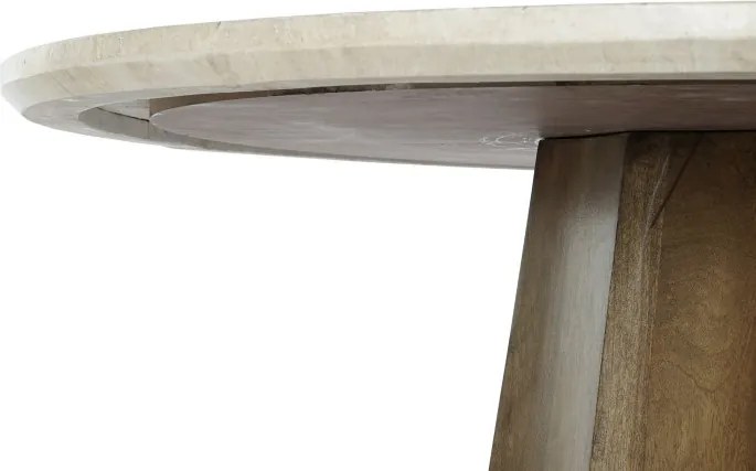 Masă dining rotundă din lemn de mango, natur, 4–5 locuri, cu blat din marmură și picior central, 78 x 120 cm, „Elaris”