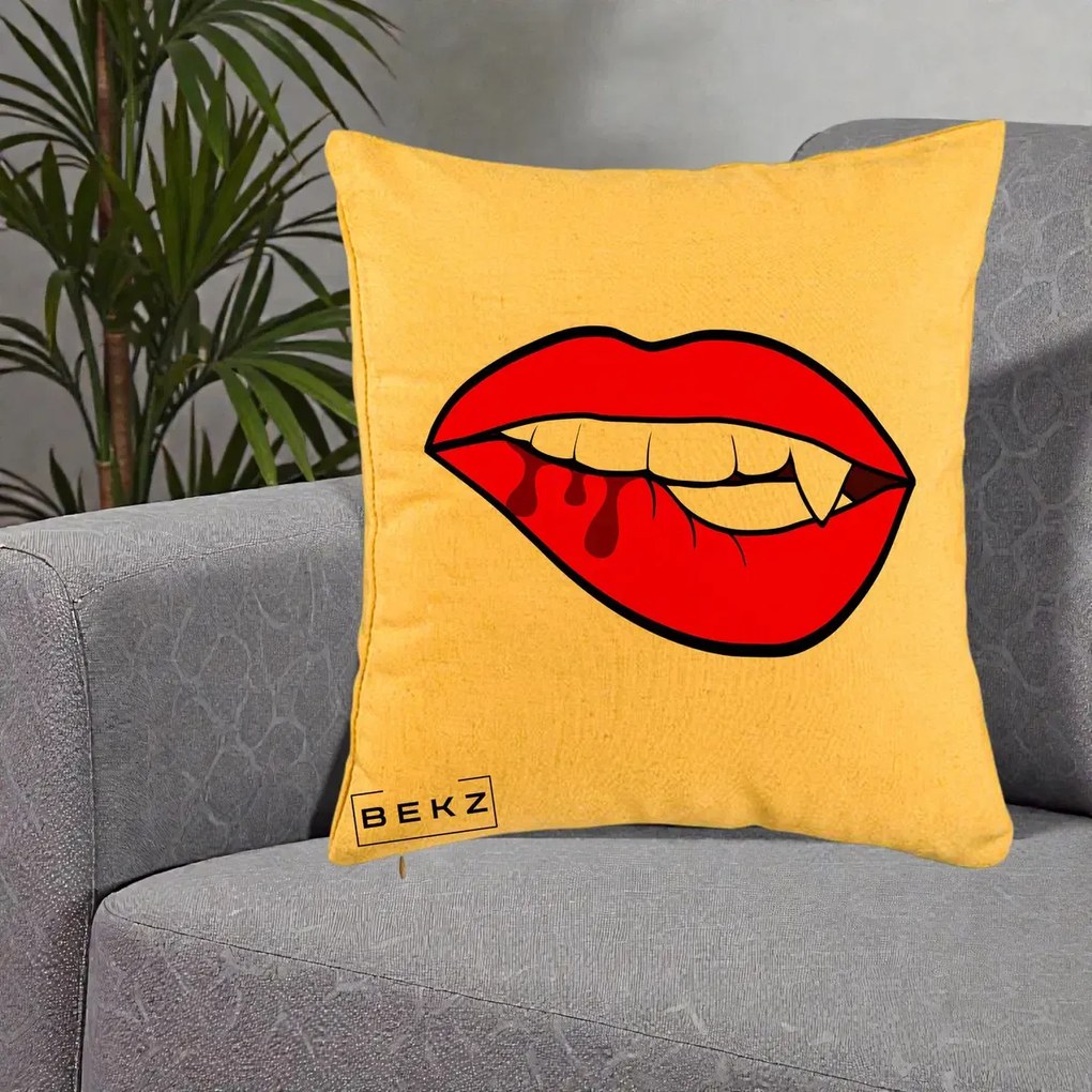 Perna Decorativa Vampire Lips Halloween, 40x40 cm, Galben, Husa Detasabila, Perna Inclusa, BEKZ®