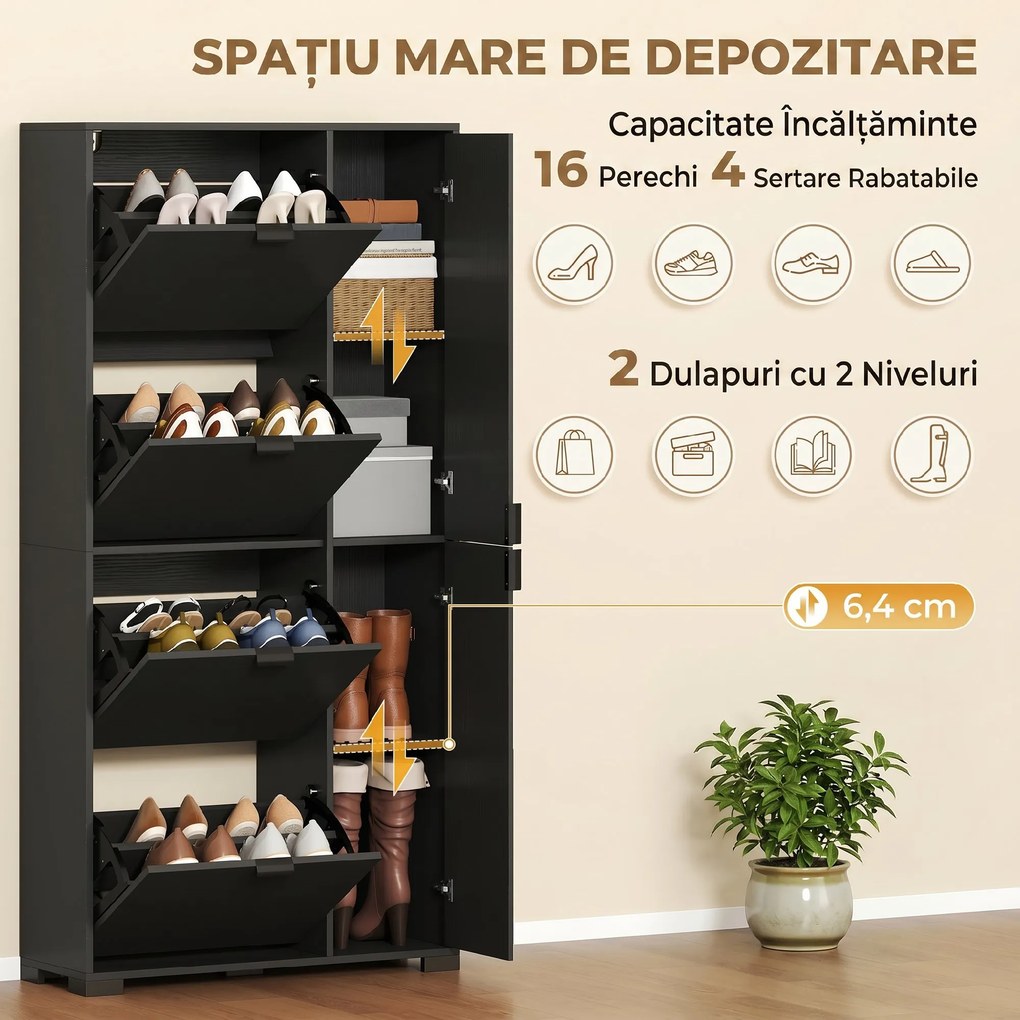 HOMCOM Dulap Pantofi cu Oglindă, 4 Sertare Rabatabile, Dulap de Hol, 82 x 30 x 168 cm, Negru | Aosom Romania
