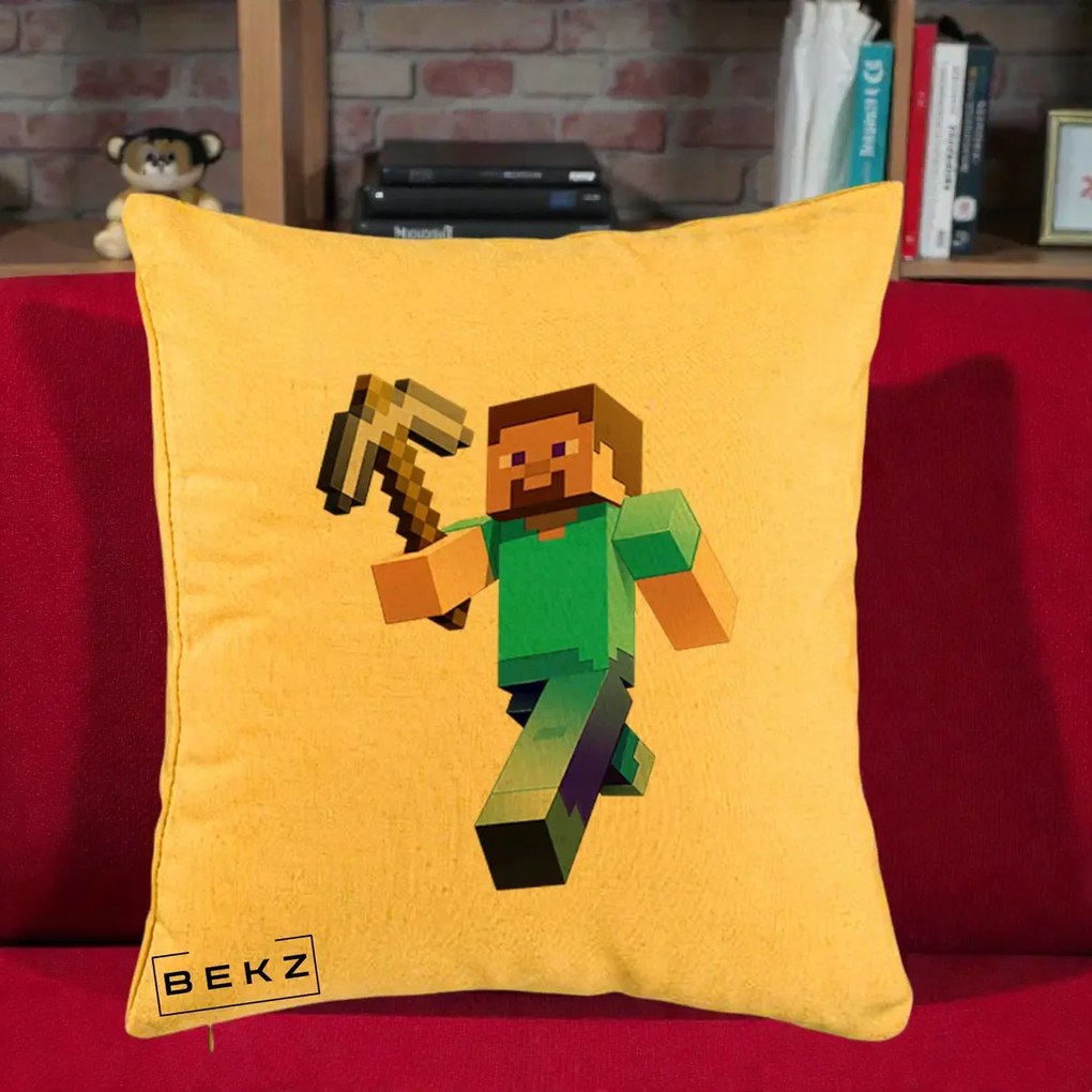 Perna Personalizata Minecraft Steve cu Tarnacop, 40x40 cm, Galben, Husa Detasabila, Perna Inclusa, BEKZ®