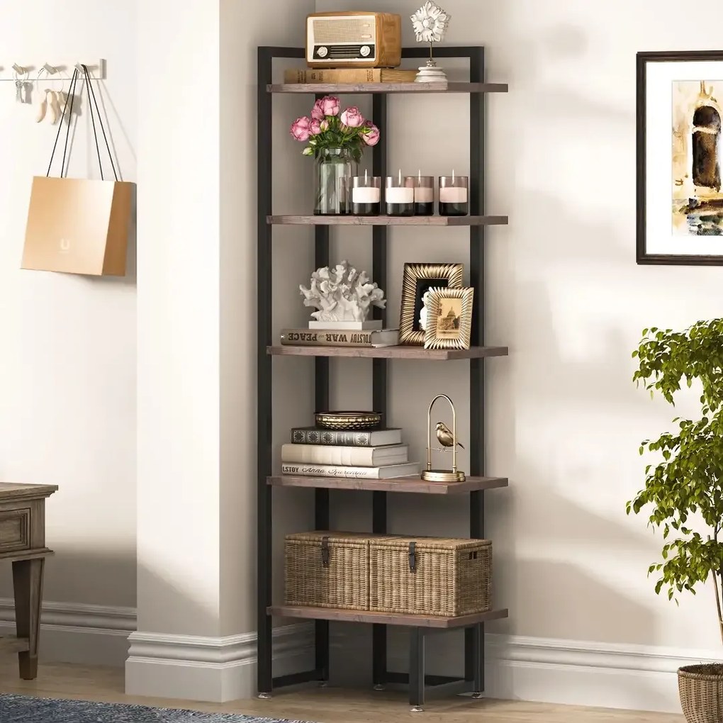 Biblioteca de colt, nuc/negru, 150x50x30 cm