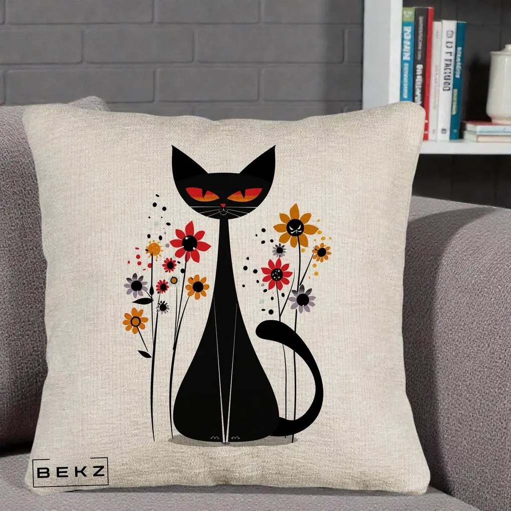 Perna Decorativa Pisica Neagra Ochi Rosii Flori, 40x40 cm, Bej Canapea, Husa Detasabila, Perna Inclusa, BEKZ®