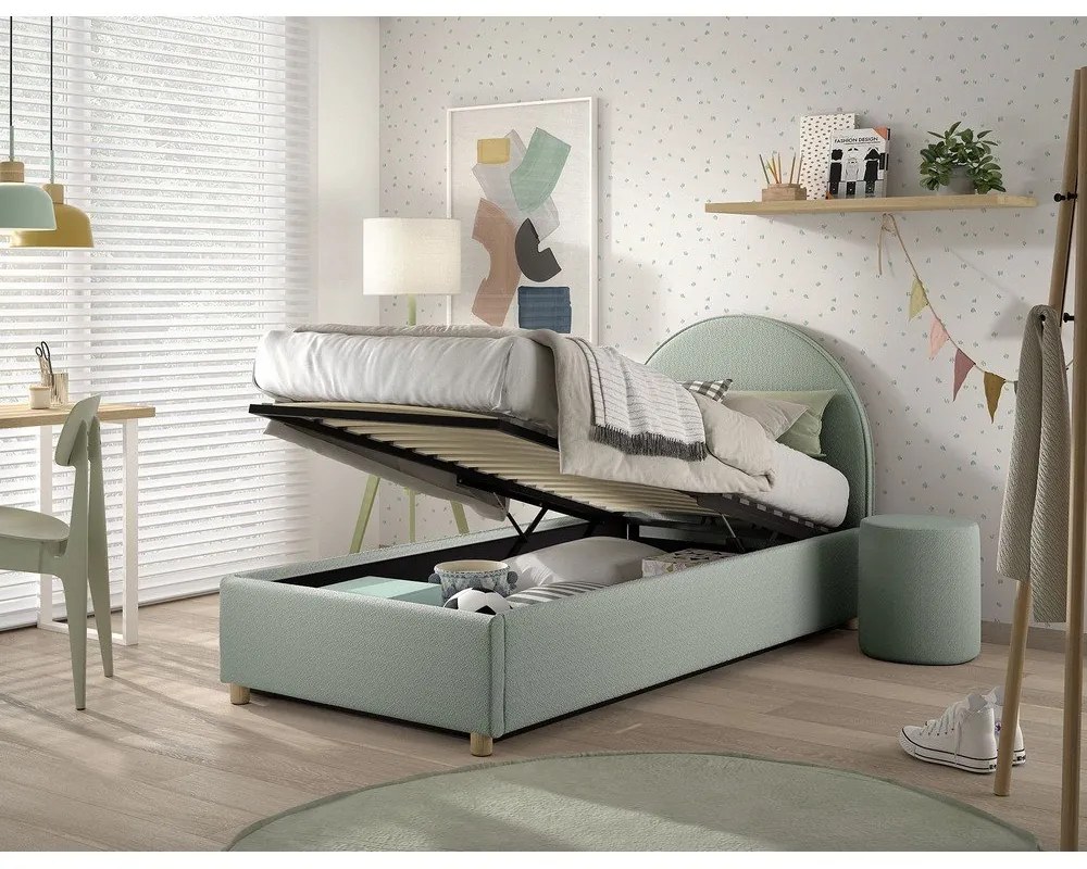 Pat verde tapițat cu spațiu de depozitare cu somieră 90x200 cm Moon – Vipack