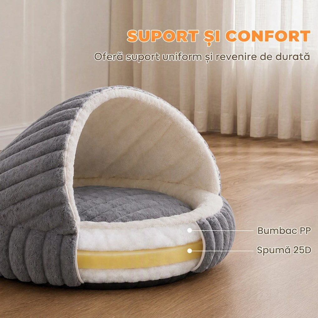 PawHut Culcuș pentru Pisici de până la 5 kg, Rotund Semiînchis, din Pluș cu Efect de Iepuraș, cu Pernă Lavabilă, Gri | Aosom Romania