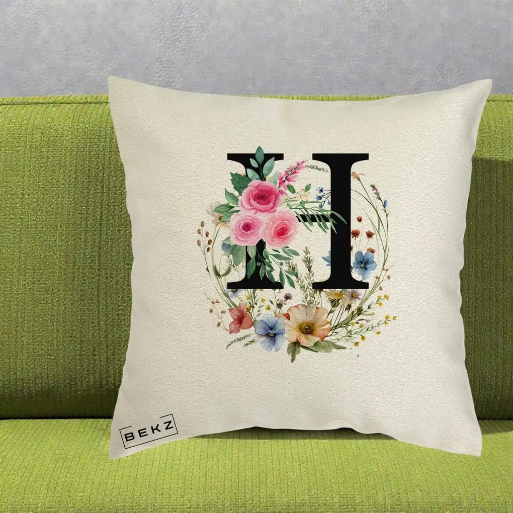 Cadou Personalizat - Perna Personalizata Monogram Litera H cu Flori Acuarela, 40x40 cm, Ecru, Husa Detasabila, Perna Inclusa, BEKZ®