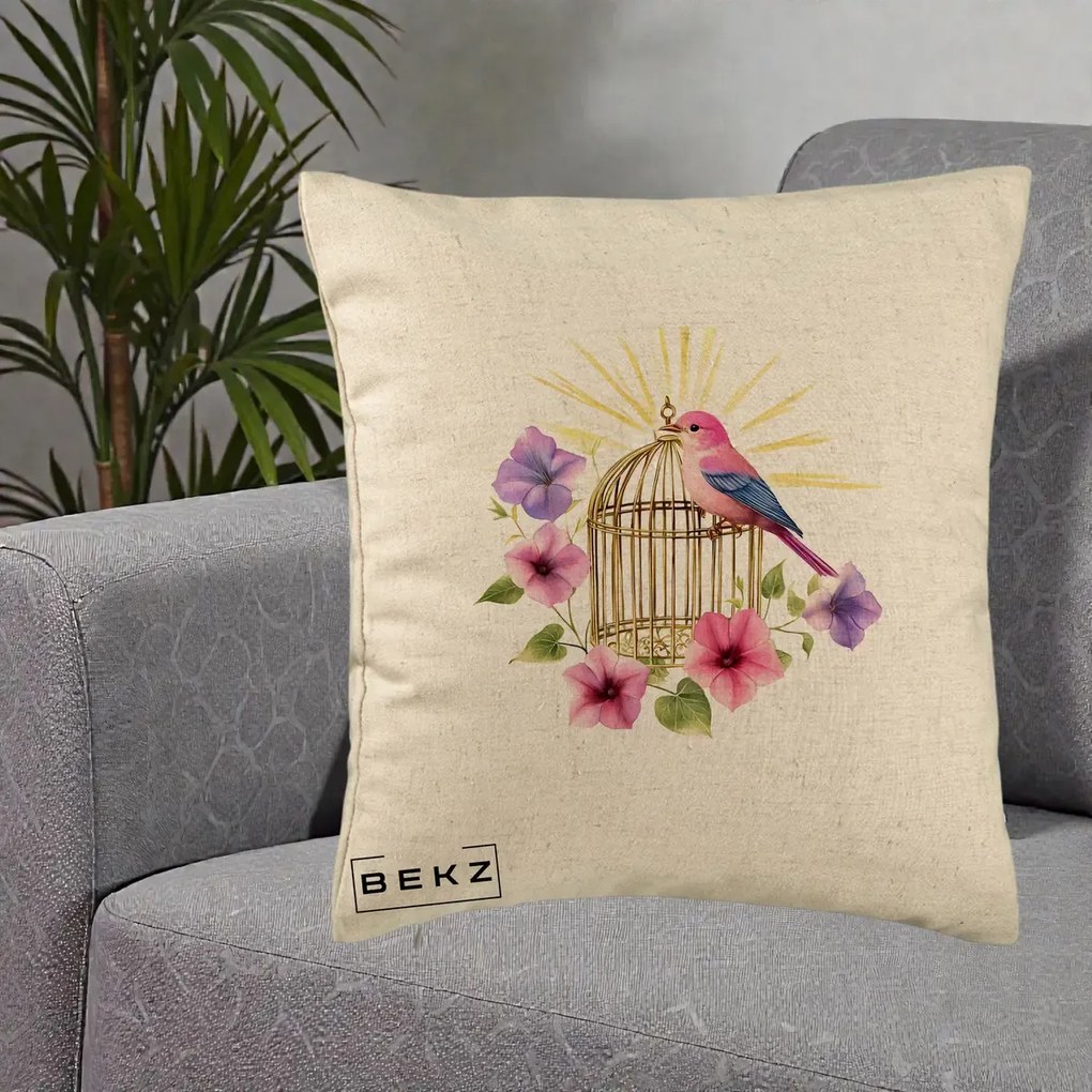 Perna Decorativa Pasare Roz pe Colivie Aurie cu Flori, 40x40 cm, Bej, Husa Detasabila, Perna Inclusa, BEKZ®