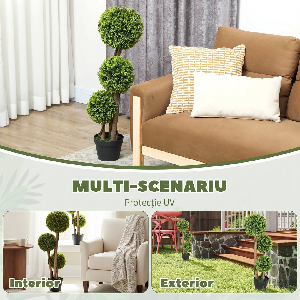 HOMCOM Set 2 Plante Artificiale de Buxus cu 3 Sfere, cu Ghiveci și Fund Întărit, Înălțime 90 cm, pentru Interior și Exterior | Aosom Romania