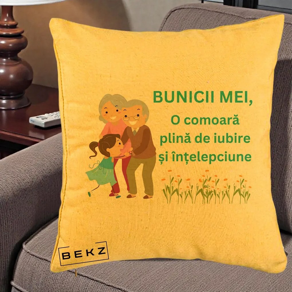 Cadou pentru Bunici - Perna Personalizata Bunicii Mei Comoara Iubire Intelepciune Nepoata, 40x40 cm, Galben, Husa Detasabila, Perna Inclusa, BEKZ®