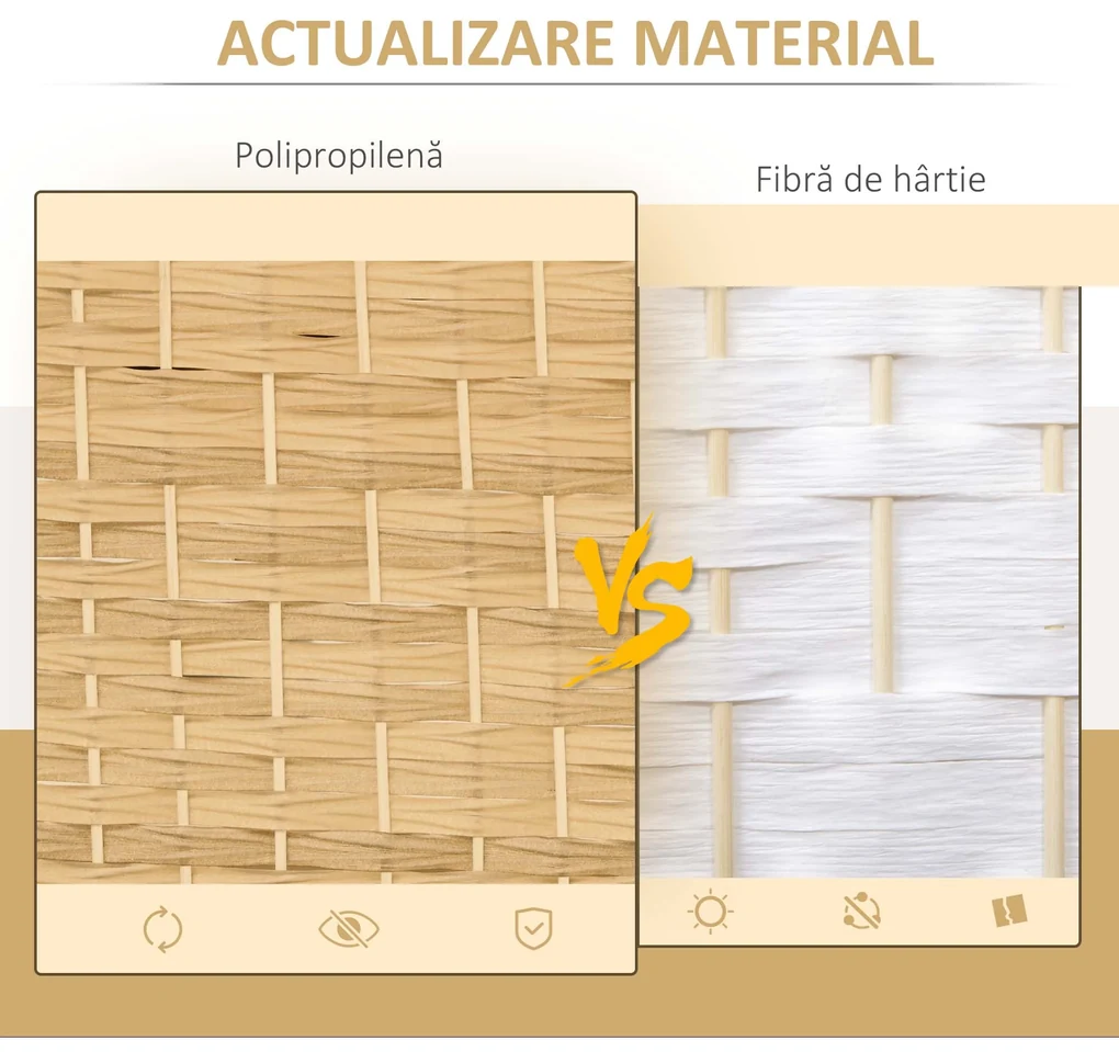 HOMCOM Paravan Interior Pliabil cu 3 Panouri Împletit din PP și Lemn de Pin, 135x1,7x180 cm, Lemn Natural | Aosom Romania