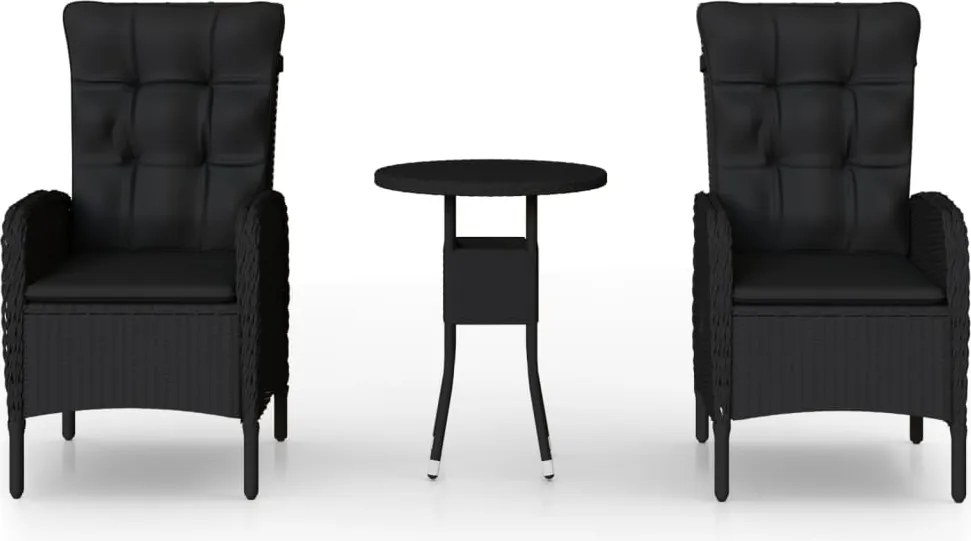 vidaXL Set bistro de grădină, 3 piese, negru, poliratan