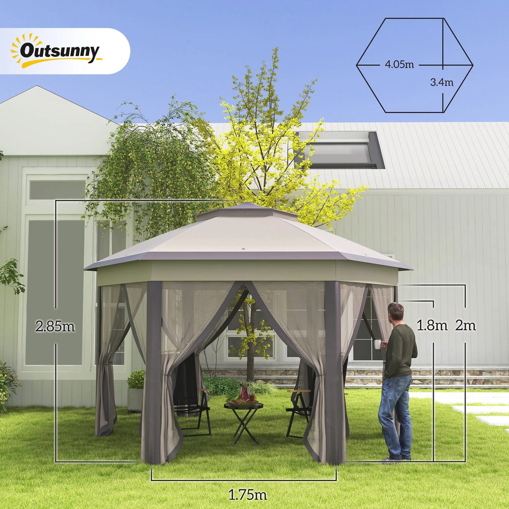 Outsunny pavilion de grădină pliabil 4 x 4 m Pop-Up, cort de petrecere, incl. geantă de transport, 6 părți laterale, acoperiș dublu, hexagonal, bej | Aosom Romania