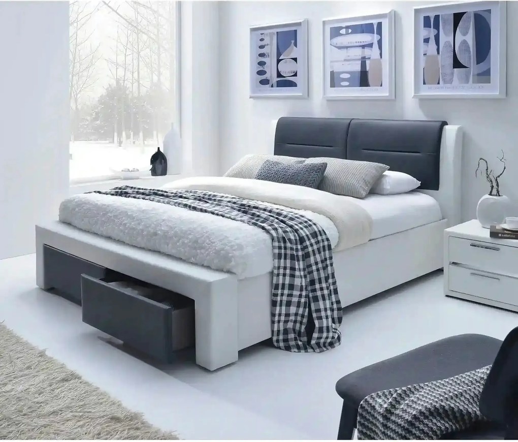 Pat CASSANDRA 160x200, alb/negru, piele ecologica, cu somiera si spati
