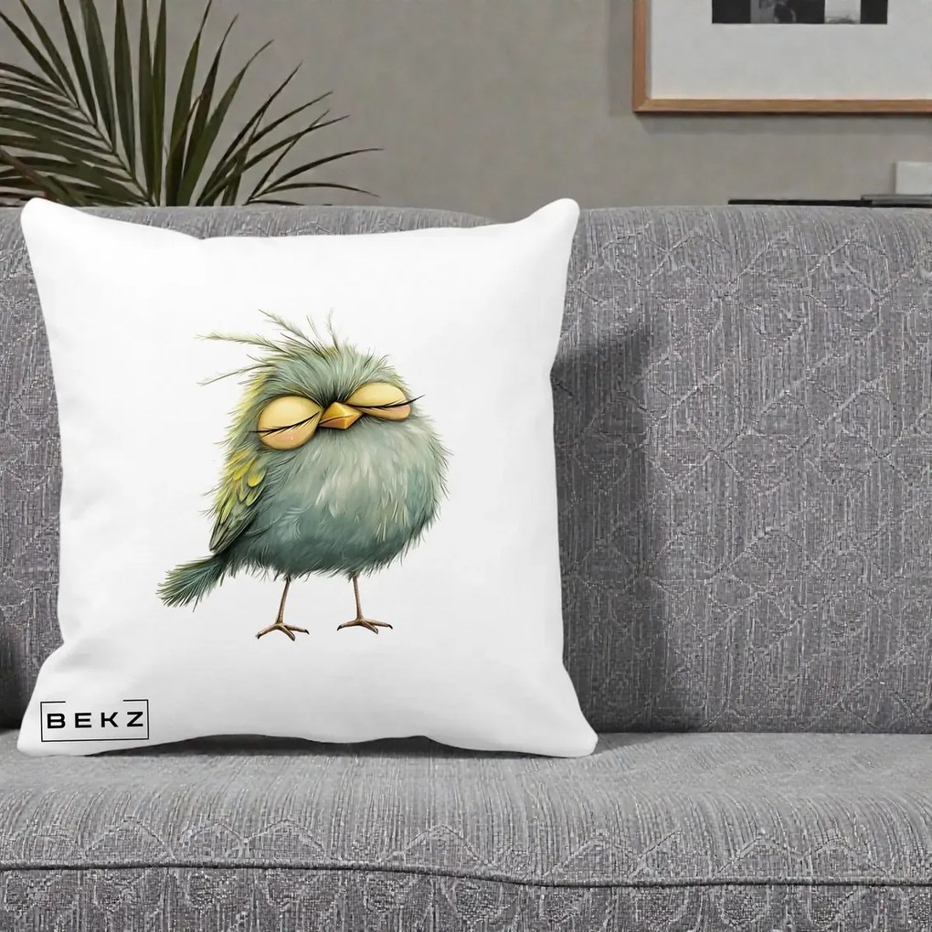 Perna Decorativa Pasare Teal Adormita cu Ochi Galbeni, 40x40 cm, Alba Mata, Husa Detasabila, Perna Inclusa, BEKZ®