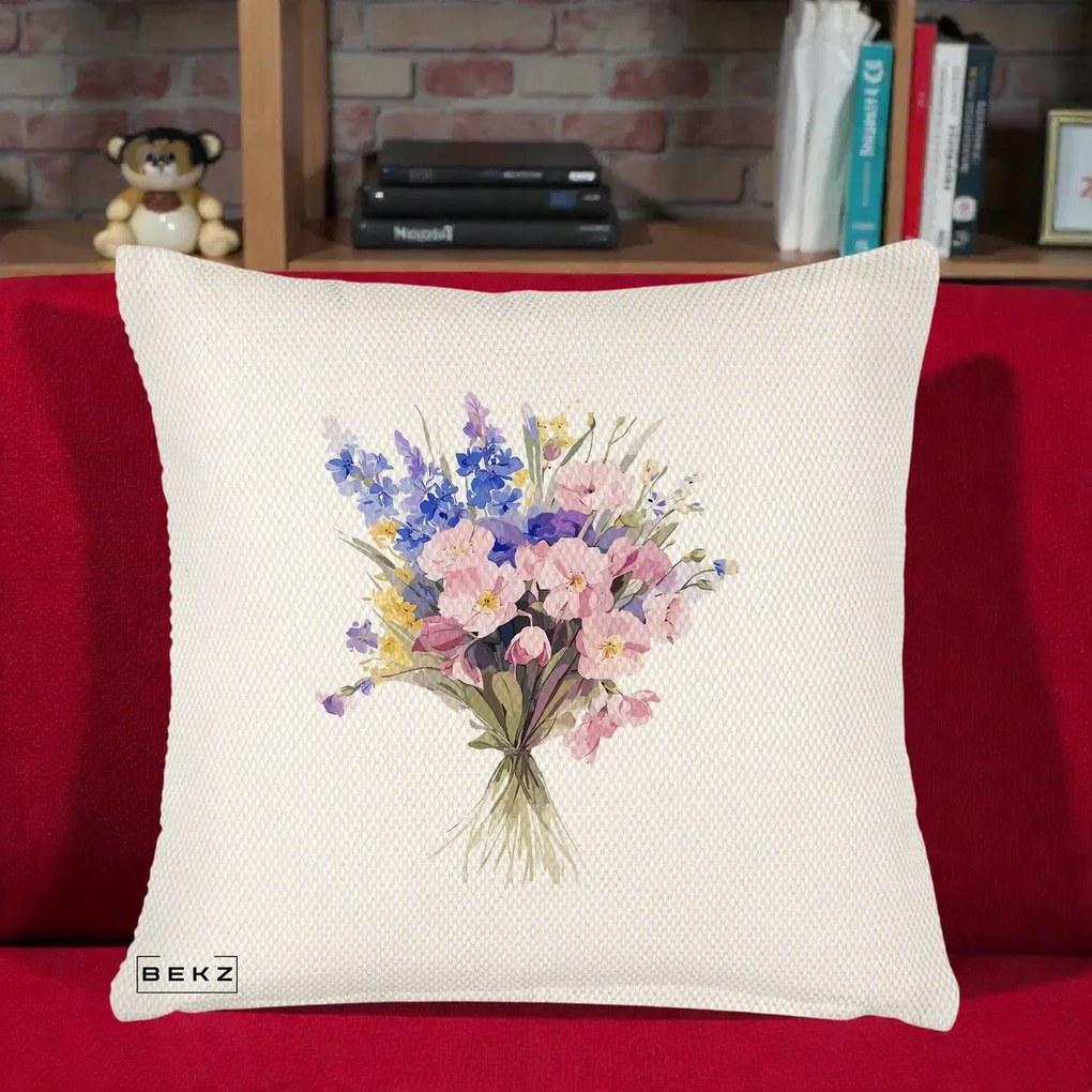 Perna Decorativa Buchet Floral Acuarela Primavara, 40x40 cm, Crem Reliefat, Husa Detasabila, Perna Inclusa, BEKZ®