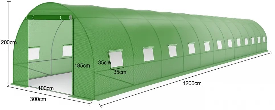Solar de grădină, 3x12 m, 36 m², cadru din oțel, țeavă galvanizată, folie PE armată, 24 ferestre rulante, rezistent la UV, impermeabil, Verde, GH312,