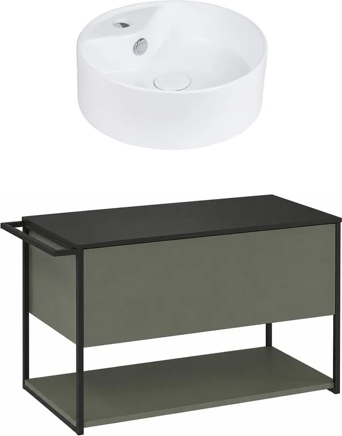 Set dulap baza suspendat Krofam Lov verde-negru 80 cm blat negru si lavoar 38 cm