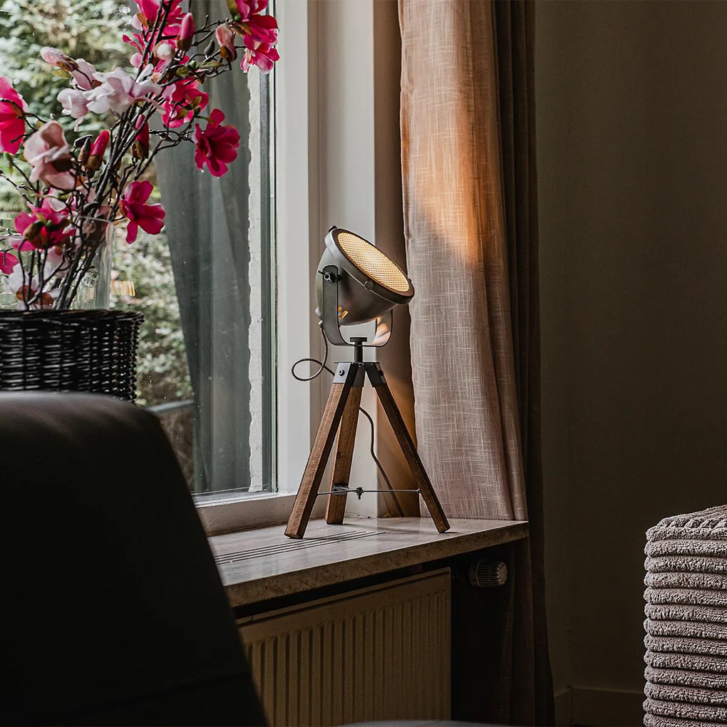 Lampă de masă industrială cu trepied din oțel și lemn cu înclinare - Emado