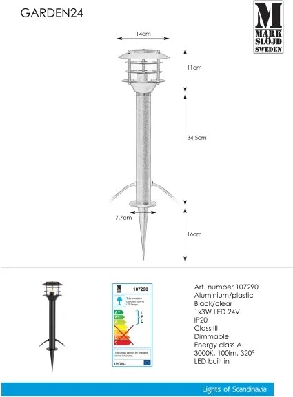 Lampă LED de exterior Markslöjd 107290 GARDEN 24 LED/3W/24V 45 cm IP44 negru