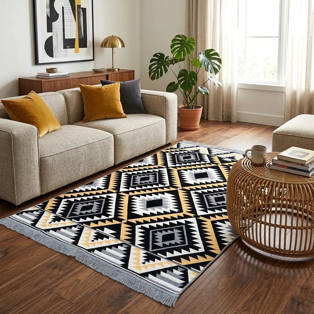 Covor Tesut Traditional, 2 fete, Model Boho Etnic Ocru, 200x300 cm