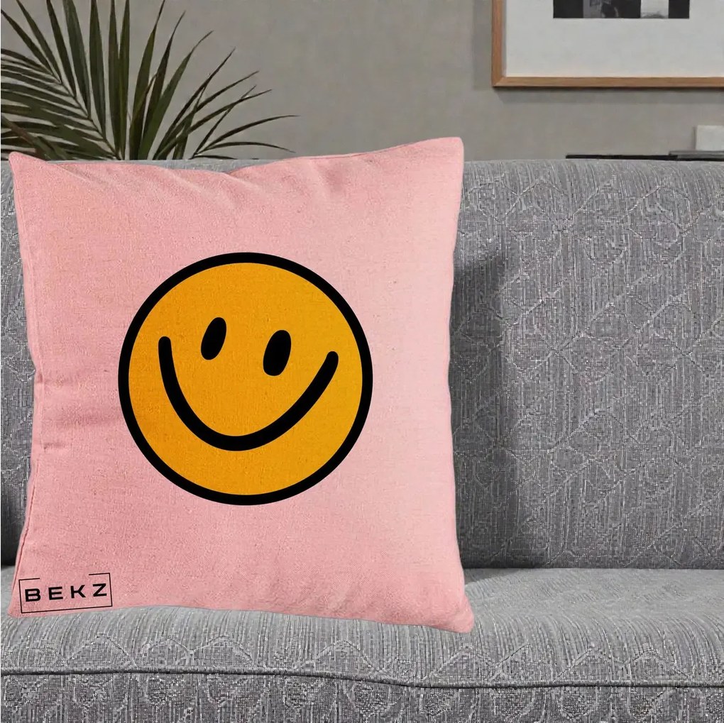 Perna Decorativa Smiley Face Galben Clasic, 40x40 cm, Roz, Husa Detasabila, Perna Inclusa, BEKZ®