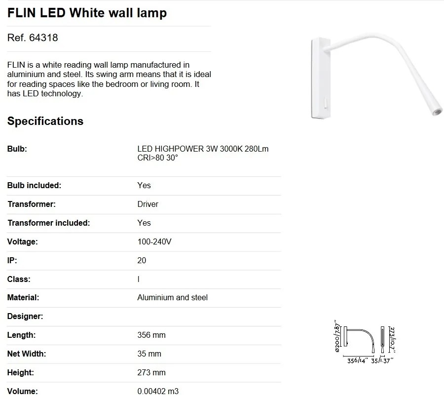 Aplica moderna cu reader FLIN LED White 64318