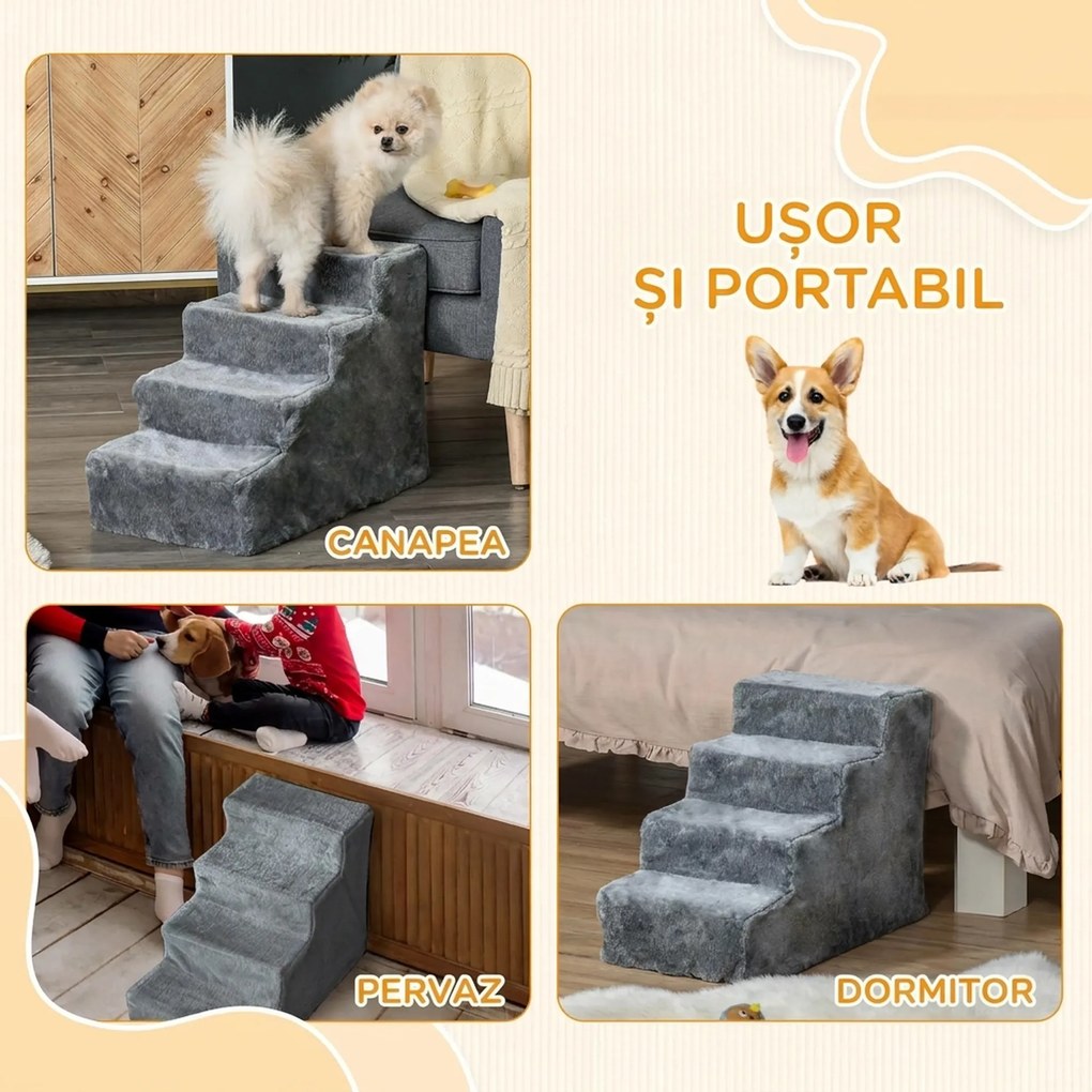 PawHut Scăriță pentru Câini Portabilă cu 4 Trepte, Scară pentru Animale Domestice, 60x35x44 cm, Gri Deschis | Aosom Romania