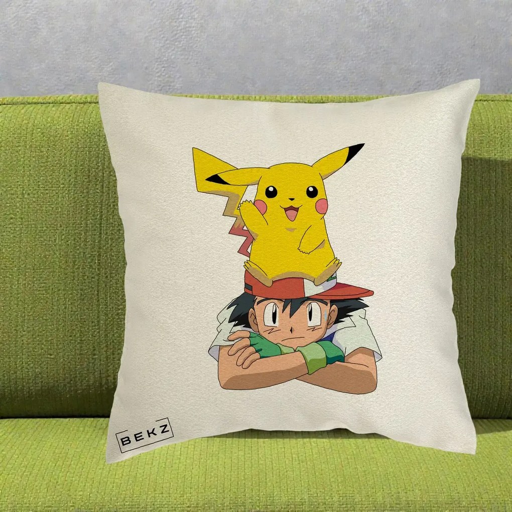 Perna Personalizata Ash si Pikachu, 40x40 cm, Ecru, Husa Detasabila, Perna Inclusa, BEKZ®