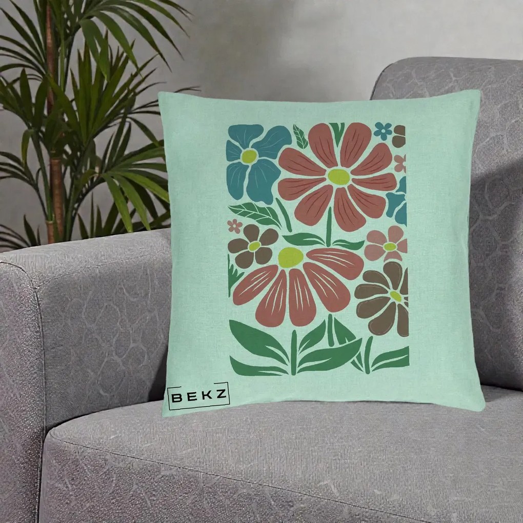 Perna Decorativa Flori Grafice Colorate Retro, 40x40 cm, Verde Menta, Husa Detasabila, Perna Inclusa, BEKZ®