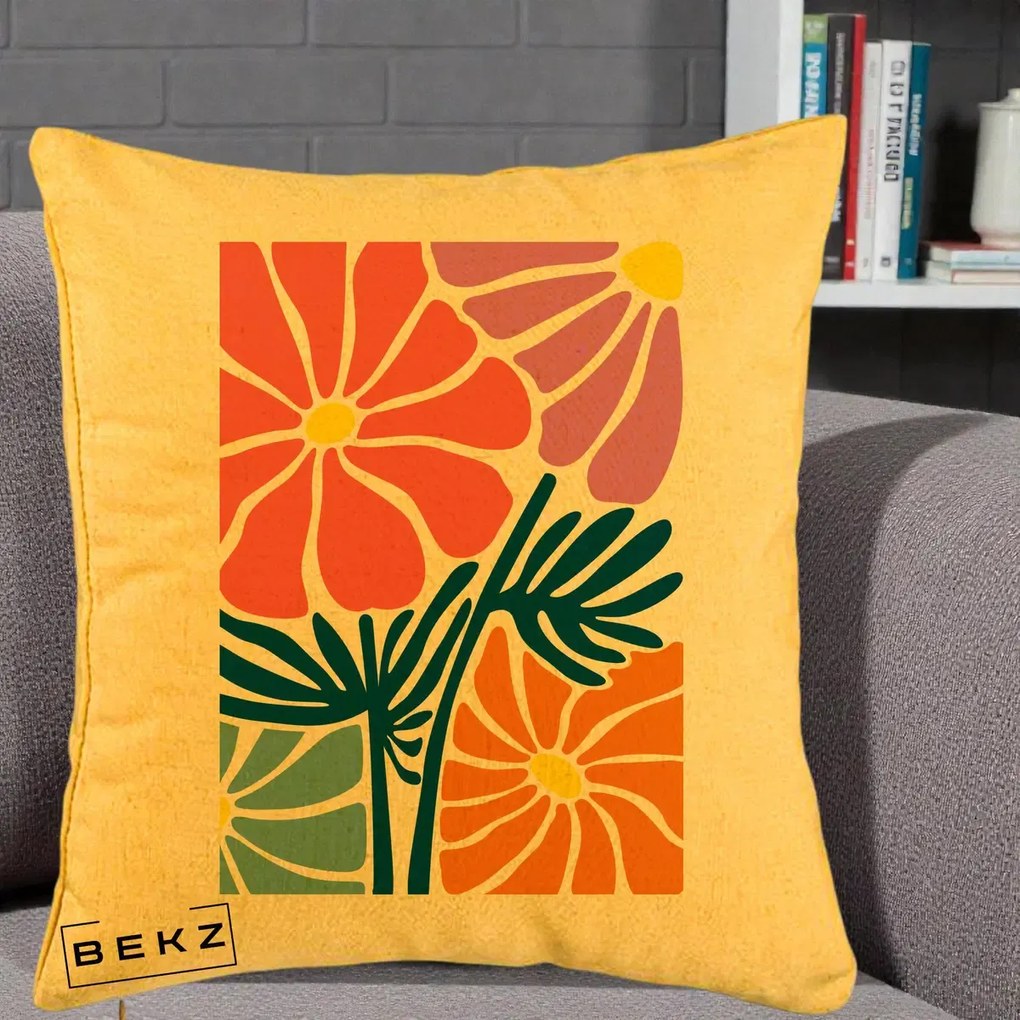 Perna Decorativa Flori Grafice Roz-Orange-Albastru, 40x40 cm, Galben, Husa Detasabila, Perna Inclusa, BEKZ®