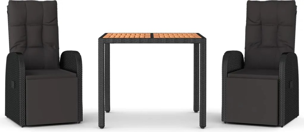 vidaXL Set masă pentru grădină, 3 piese, negru, poliratan/lemn acacia