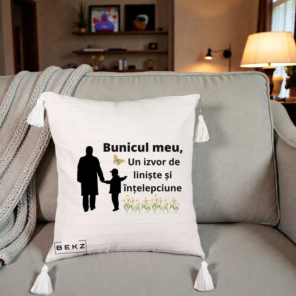 Cadou pentru Bunic - Perna Personalizata Bunicul Meu Izvor de Liniste cu Fluture si Baietel, 40x40 cm, Bej cu Franjuri, Husa Detasabila, Perna Inclusa, BEKZ®