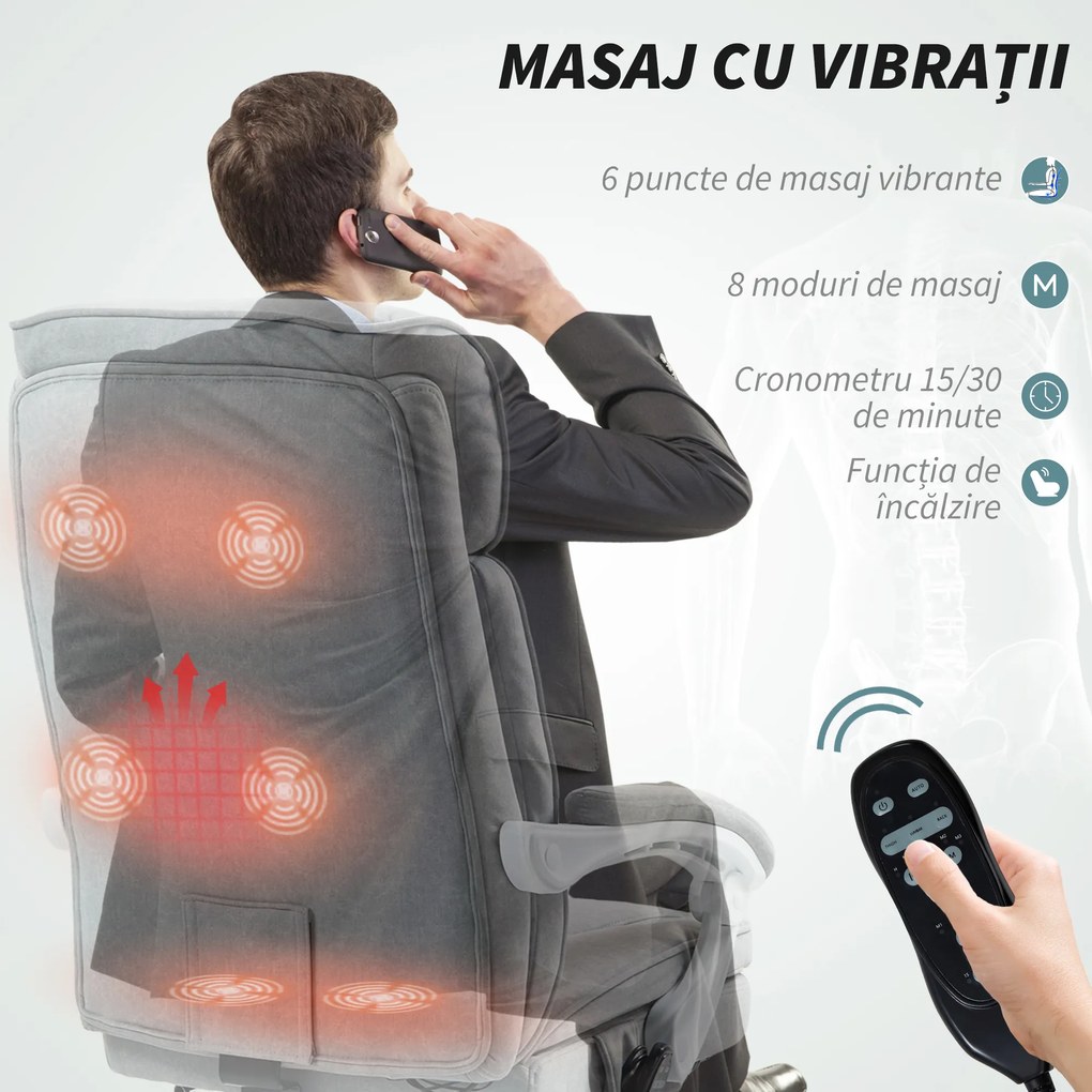 HOMCOM Scaun de Birou Masaj cu 6 Puncte, Încălzire și Suport pentru Picioare, Scaun Ergonomic Rabatabil Rotativ din Stofă Tip In Respirabil cu Telecomandă și Înălțime Reglabilă, Gri | Aosom Romania